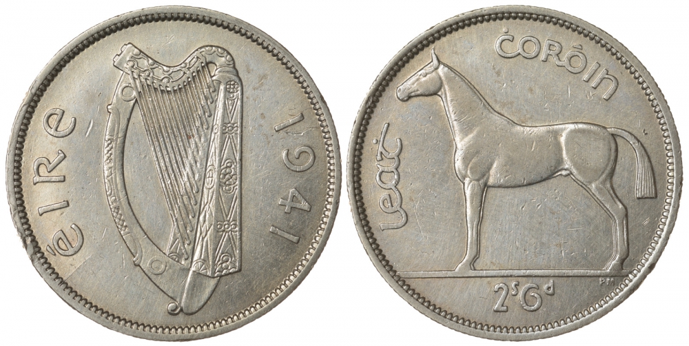 Ирландия 1/2 кроны 1941 лошадь KM 16 серебро    00-806-04