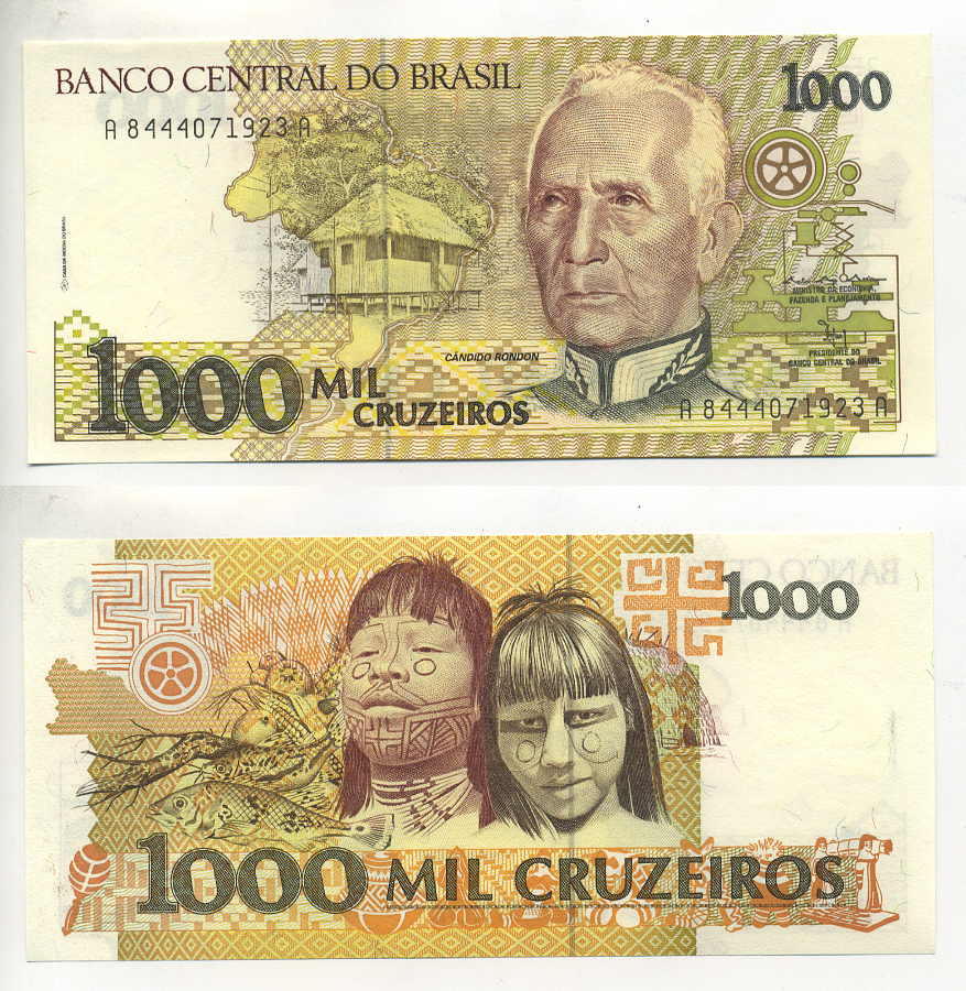 Бразилия 1000 крузейро ND (1991) серия A 8444, Кандиду Рондон Pick 231 b бумага UNC (пресс) 6299-17-4