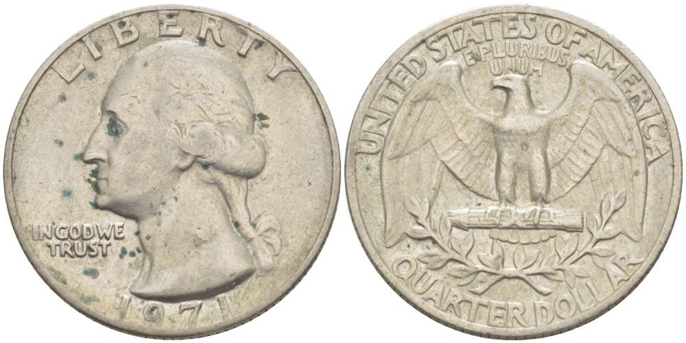 США 25 центов (квотер) 1971 Вашингтон KM 164а медь плакированная медно-никелем 216-1053