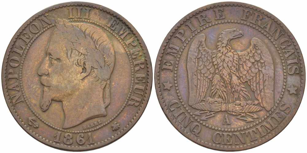 ФРАНЦИЯ 5 САНТИМОВ 1861 A, НАПОЛЕОН III (1852-1870) KM 797.1, LE FRANC 117.2 бронза 108-451