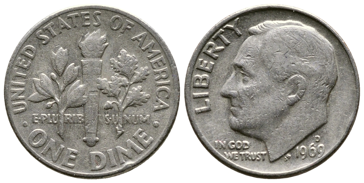 США 10 ЦЕНТОВ = 1 ДАЙМ 1969 D, РУЗВЕЛЬТ KM 195а медь плакированная медно-никелем 37-233