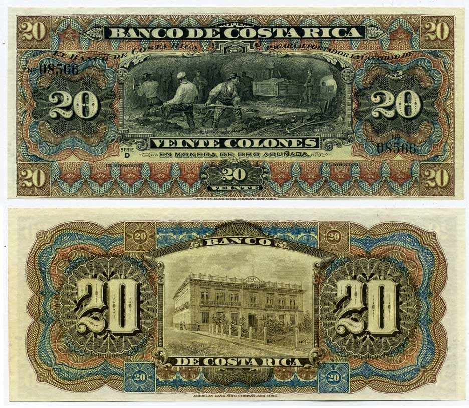 Коста-Рика 20 колонов 1914 ВОДОПАД Pick S175r бумага UNC (ПРЕСС) 00-000-00