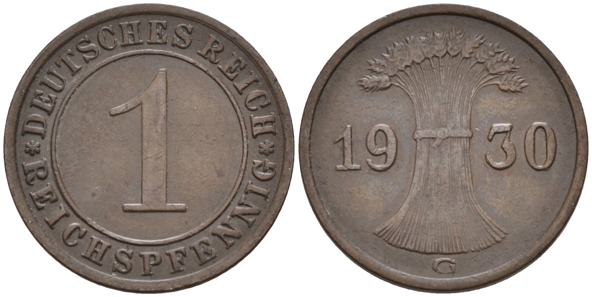 Германия 1 рейхспфенниг 1930 G KM 37, J.313, Weege 2 медь 4585-619