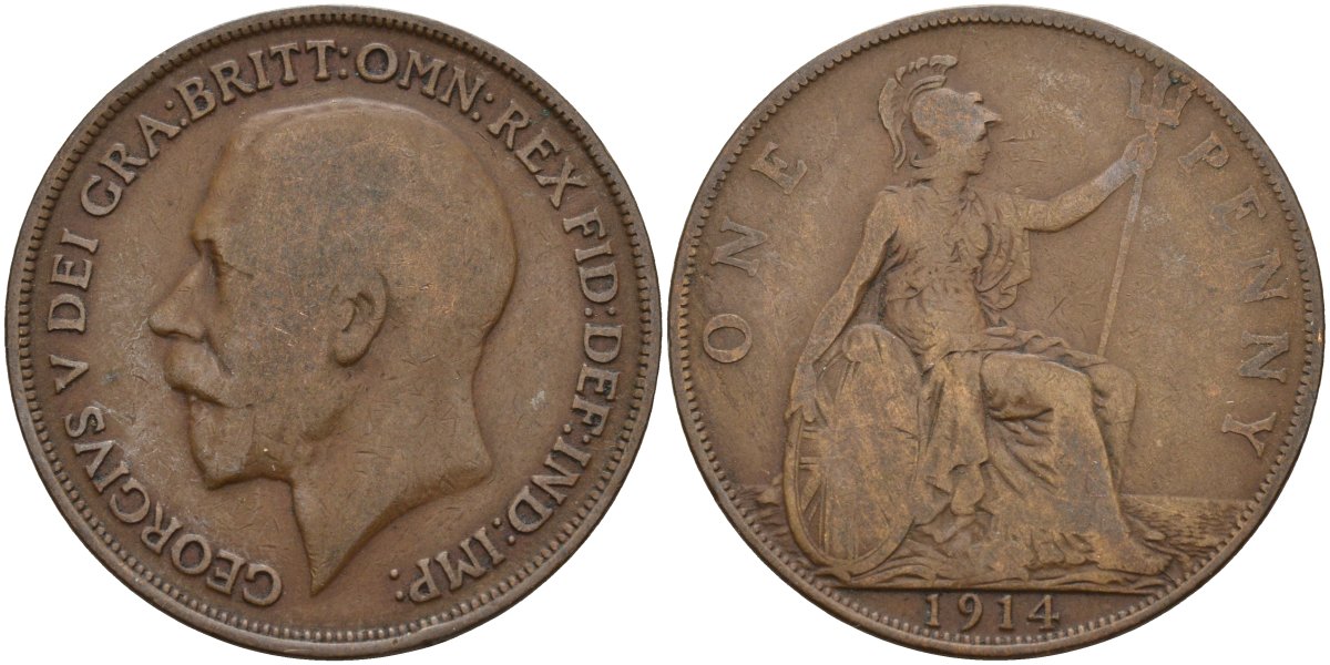 Великобритания 1 пенни 1914 Георг V (1910-1936) KM 810, Spink 4051 бронза 4144-442