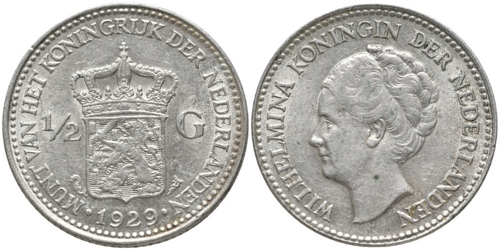 Нидерланды 1/2 гульдена 1930 Вильгельмина I (1890-1948) КМ 160 серебро 202-551