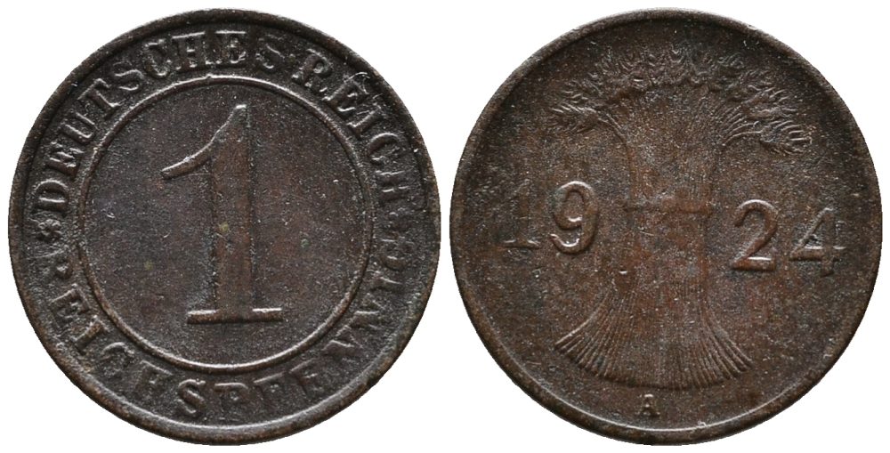 ГЕРМАНИЯ 1 РЕЙХСПФЕННИГ 1924 A KM 37, J. 313 бронза 39-859