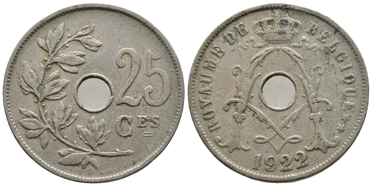 БЕЛЬГИЯ 25 САНТИМОВ 1922 BELGIQUE KM 68.1 медно-никель 4379-1223