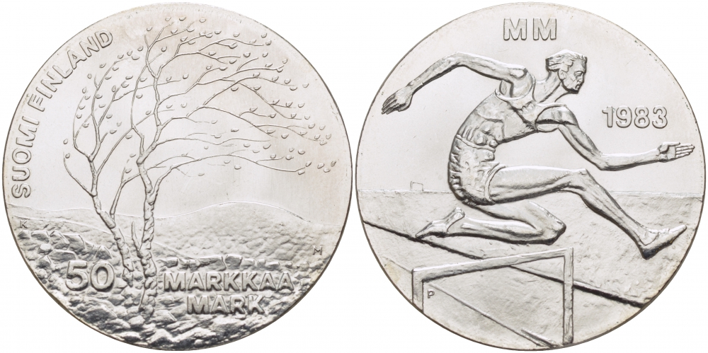 Финляндия 50 марок 1983 K-T, чемпионат мира по атлетике, бег с препятствиями KM 61 серебро UNC 1515-1222