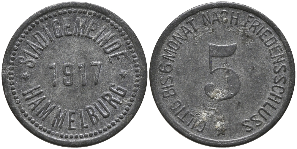 ХАММЕЛЬБУРГ 5 ПФЕННИГОВ 1917 НОТГЕЛЬД, ДЕЙСТВИТЕЛЕН 6 МЕСЯЦЕВ ПОСЛЕ ПОДПИСАНИЯ МИРНОГО ДОГОВОРА, ЗЕМЛЯ БАВАРИЯ цинк 4387-1019
