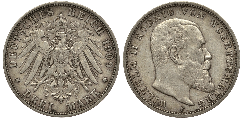Вюртемберг 3 марки 1909 F, Вильгельм II (1891-1918) Weege 171, J.175, KM 635 серебро 413-2021