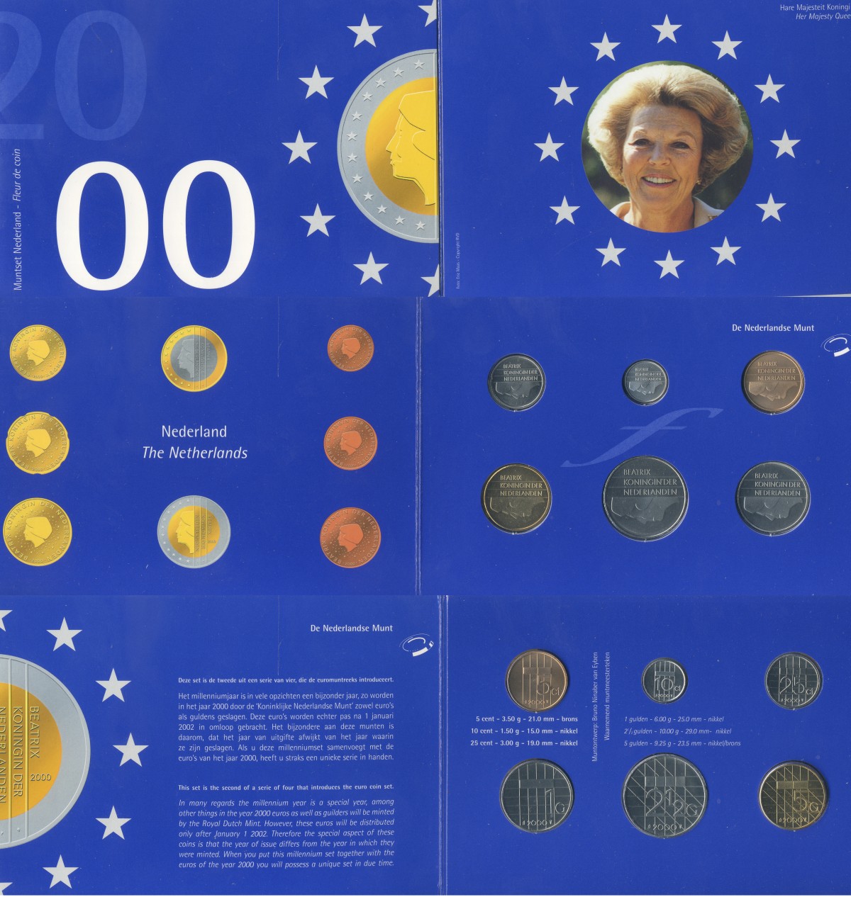 Нидерланды официальный набор из 6 монет (5, 10 и 25 центов; 1, 2 1/2 и 5 гульденов) 2000  KM SS84 (202, 203, 204, 205, 206 и 210)   BU    1-6-1-20