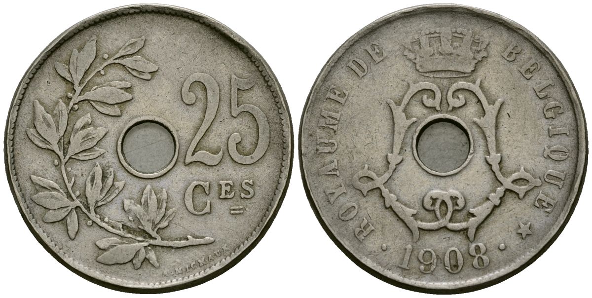 Бельгия 25 сантимов 1908 Belgique KM 62 медно-никель 4168-1132