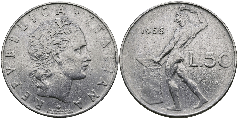 Италия 50 лир 1956 R, бог огня Вулкан у наковальни KM 95.1 нержавеющая сталь 98-155