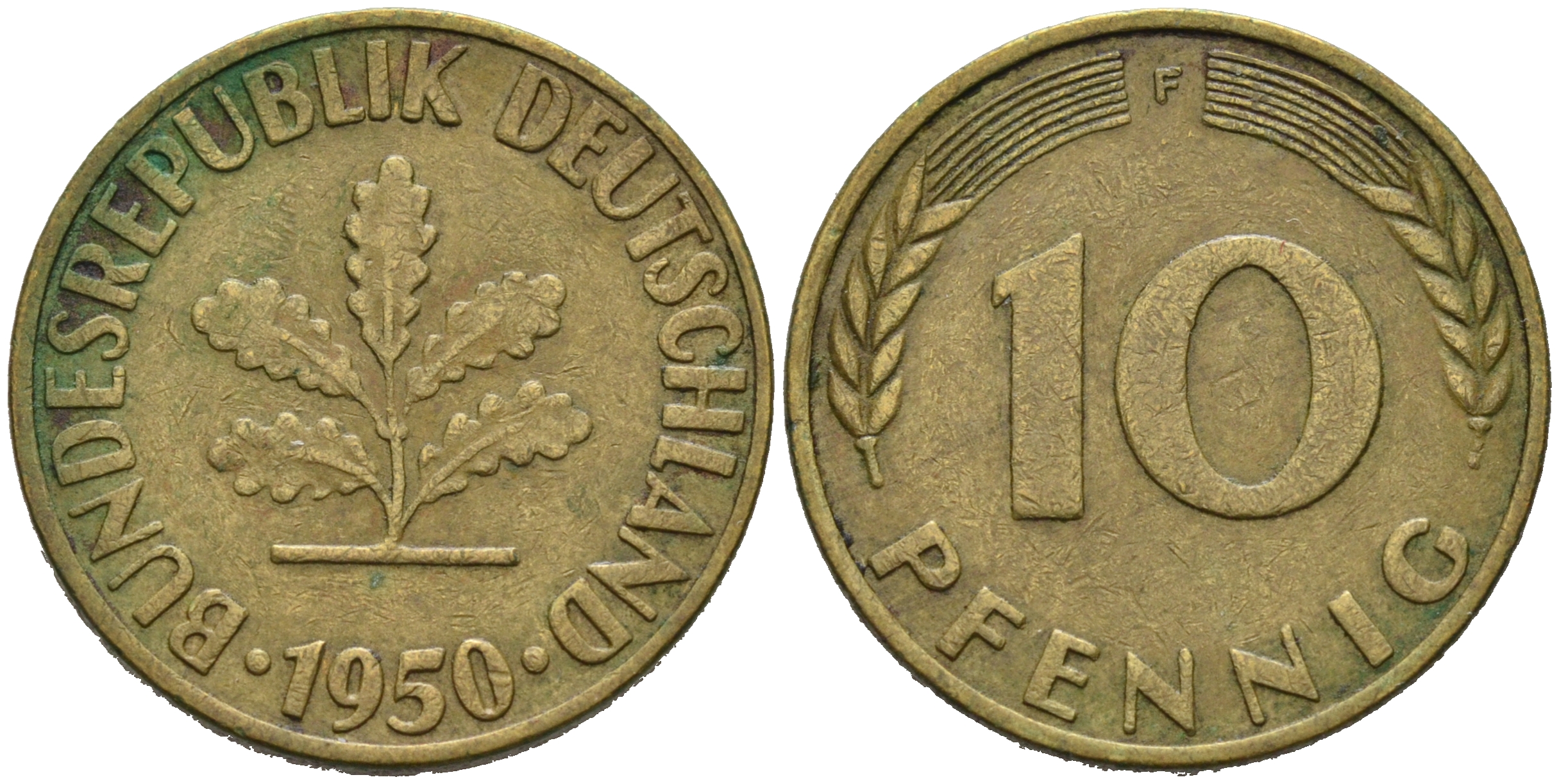 ФРГ 10 ПФЕННИГОВ 1950 F KM 108, J.383 сталь плакированная латунью 75-625