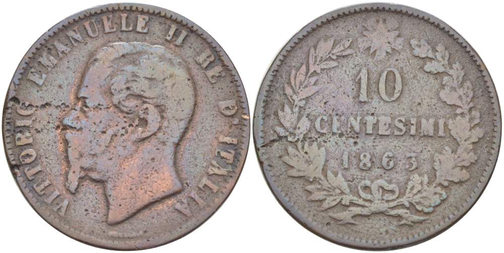 ИТАЛИЯ 10 ЧЕНТЕЗИМО 1863 МОНДВОР ПАРИЖ, ВИКТОР ЭММАНУИЛ II (1861-1878) KM 11.2 медь 4526-716
