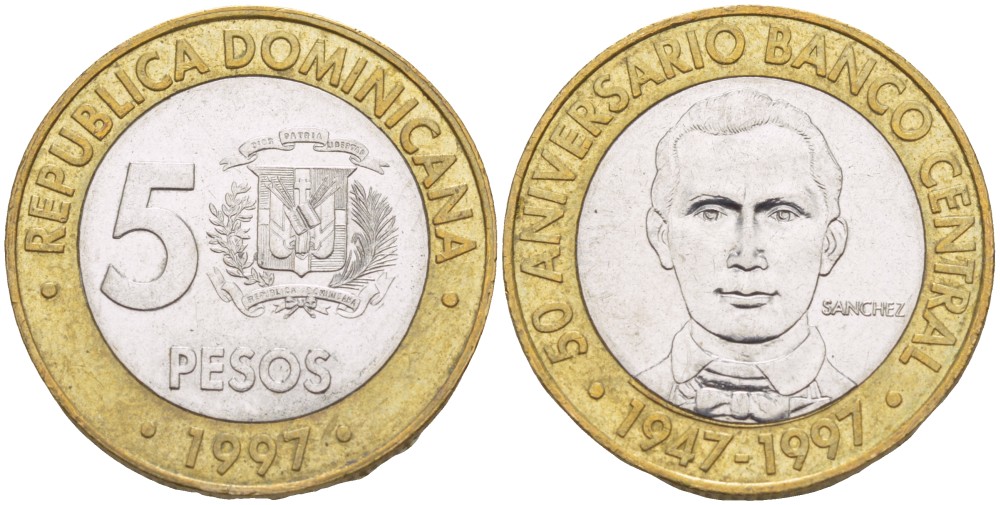 Доминиканская республика 5 песо 1997 50 лет центральному банку KM 88 биметалл 4541-1111