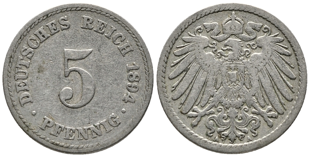 ГЕРМАНИЯ 5 ПФЕННИГОВ 1894 A KM 11, J. 12 медно-никель 39-713
