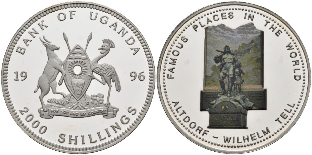 Уганда 2000 шиллингов 1996 Альтдорф, Вильгельм Телль, цветная эмаль серебро PROOF 1098-2-62