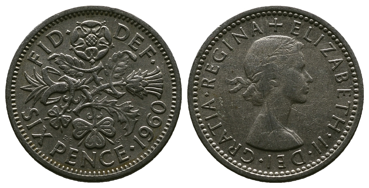 Великобритания 6 пенсов 1960 Елизавета II (1952-2022) KM 903, Spink 4149 медно-никель 4381-725