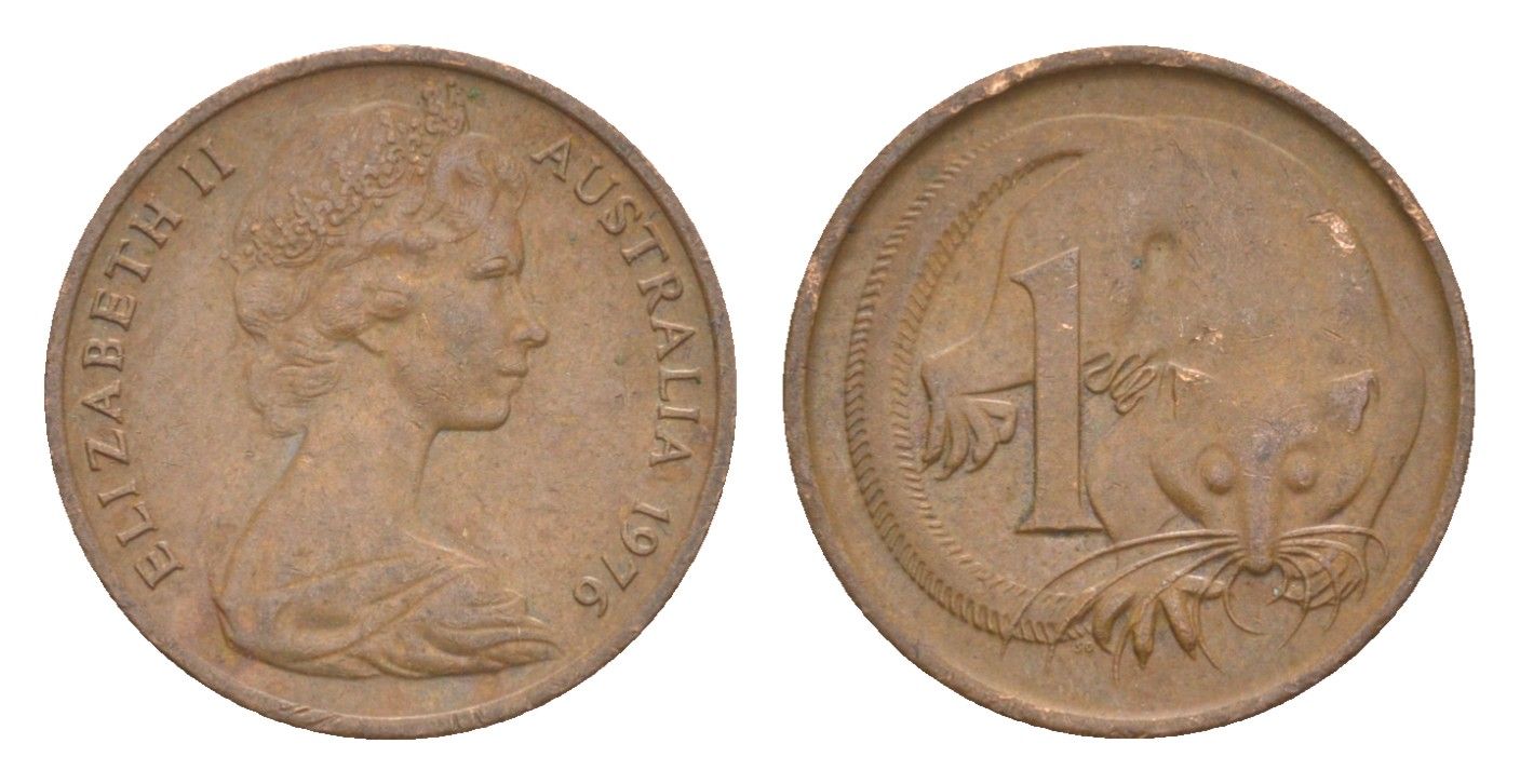 Австралия 1 цент 1976 Елизавета II (1952-2022), молодой портрет, опоссум KM 62 бронза 4585-446