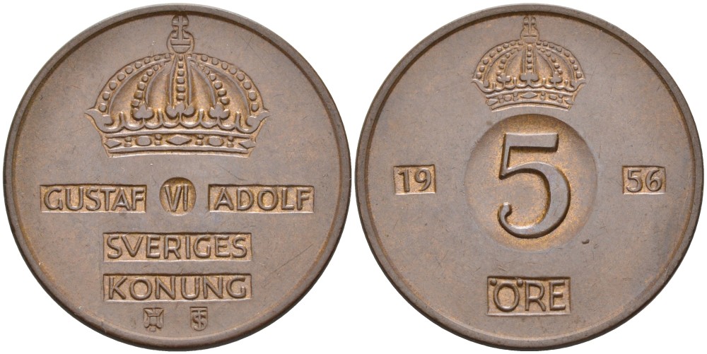 Швеция 5 эре 1956 TS, Густав VI Адольф (1950-1973) KM 822 бронза 4557-745