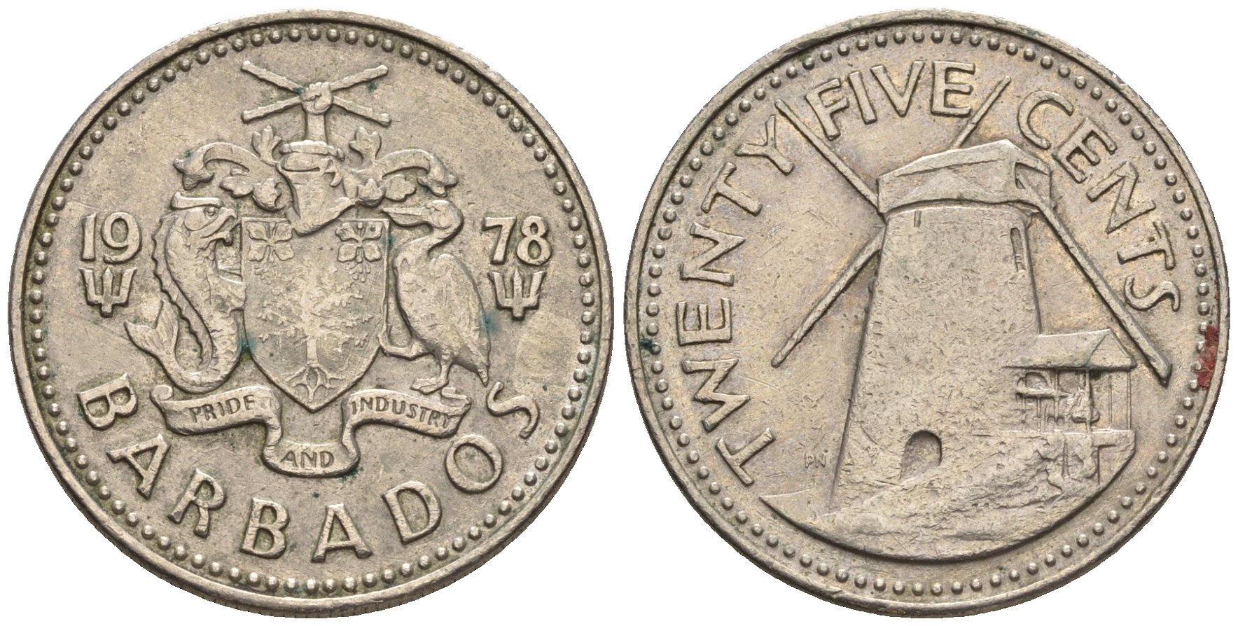 Барбадос 25 центов 1978 ветряная мельница Моргана Льюиса KM 13 медно-никель 87-243
