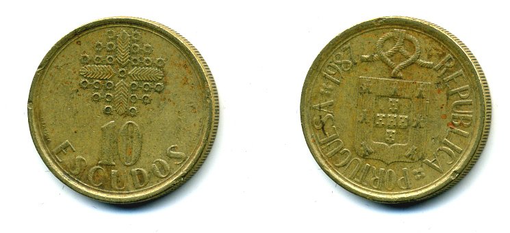 ПОРТУГАЛИЯ 10 ЭСКУДО 1987 KM 633 никель латунь 25-313