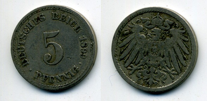 ГЕРМАНИЯ 5 ПФЕННИГОВ 1899 A, KM 11, J. 12 медно-никель 58-224