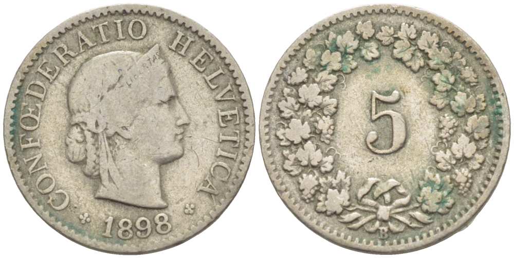 ШВЕЙЦАРИЯ 5 РАППЕНОВ 1898 В KM 26 медно-никель 3955-1119