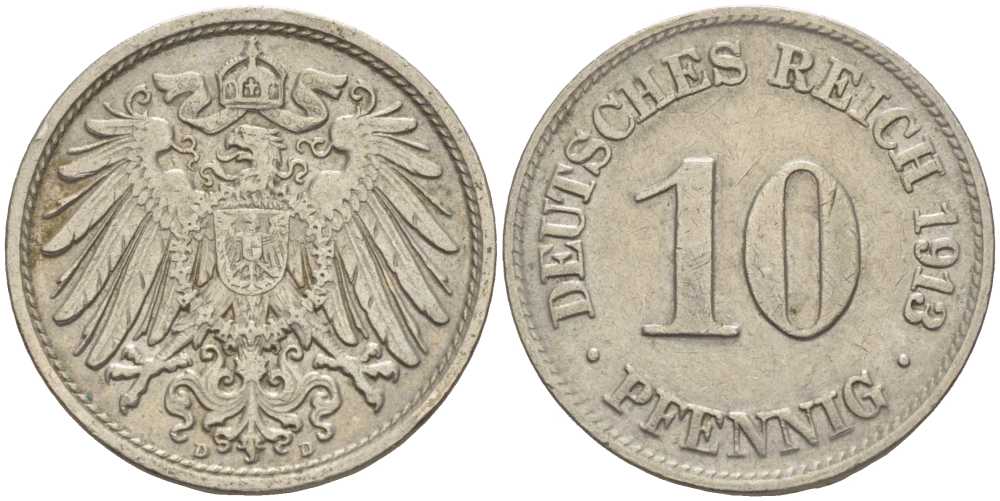 ГЕРМАНИЯ 10 ПФЕННИГОВ 1913 D KM 12, J. 13 медно-никель 33-711