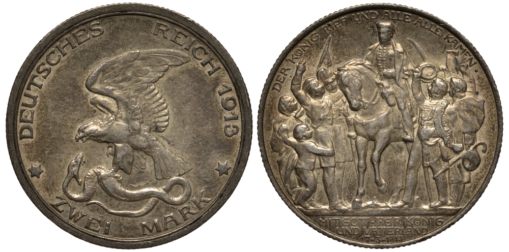 Пруссия 2 марки 1913 A, Вильгельм II (1888-1918), 100 лет победы над Наполеоном J.109, Weege 109, KM 532 серебро 3711-913