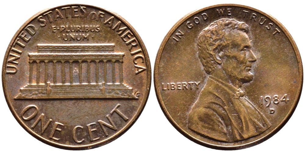 США 1 ЦЕНТ 1984 D, ЛИНКОЛЬН KM 201b цинк плакированный медью 4178-252