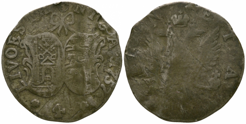 Пруссия (Ливонез) 4 копейки 1757 Биткин 641 серебро 00-818-31