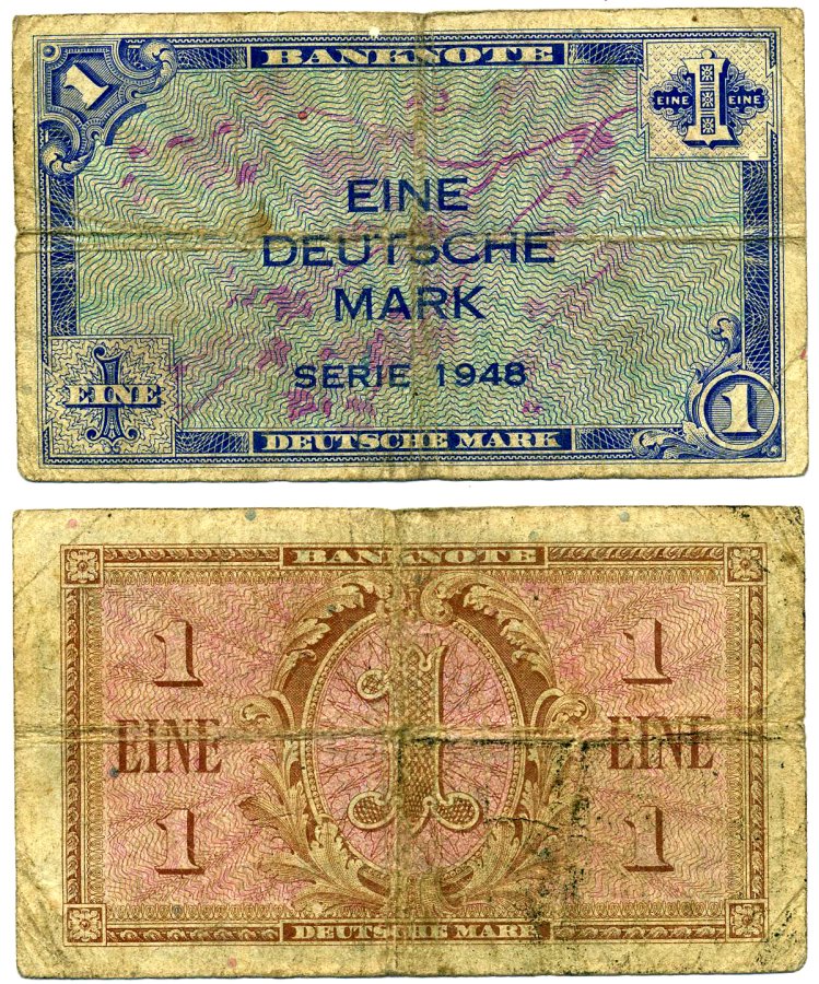 ФРГ 1 марка 1948 выпуск 20 июня 1948 - 1 апреля 1957 Pick 2а, Розенберг 232 бумага 2195-28-3-2