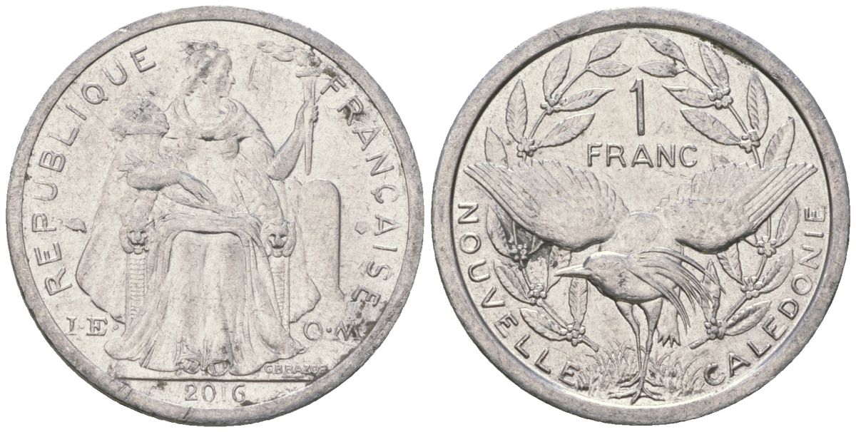 Французская Новая Каледония 1 франк 2016 птица кагу, (IEOM) KM 10, Schoen 10 алюминий 33-1132