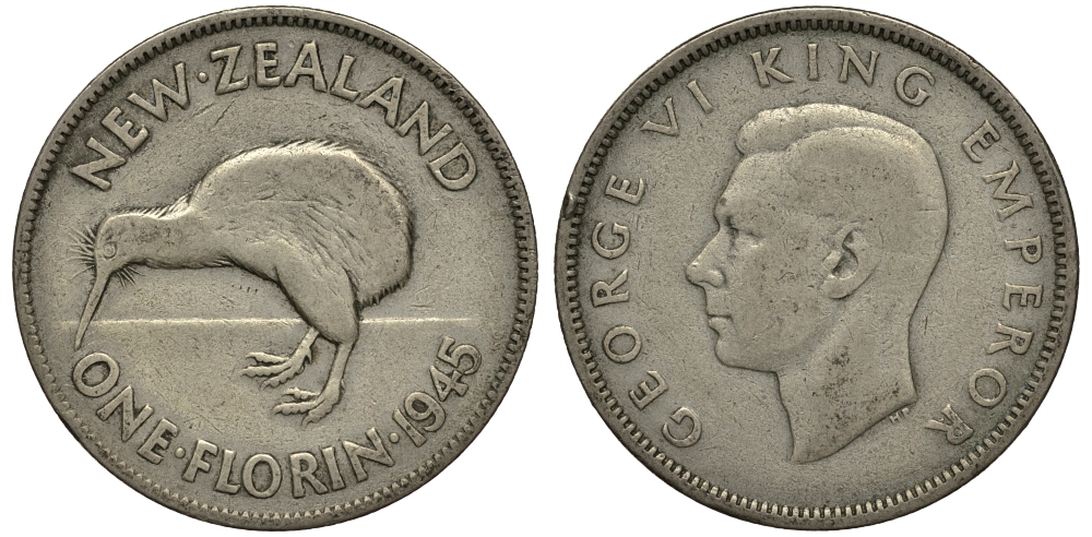 Новая Зеландия 1 флорин 1945 Георг VI (1936-1952), птичка киви KM 10.1 серебро 272-1624