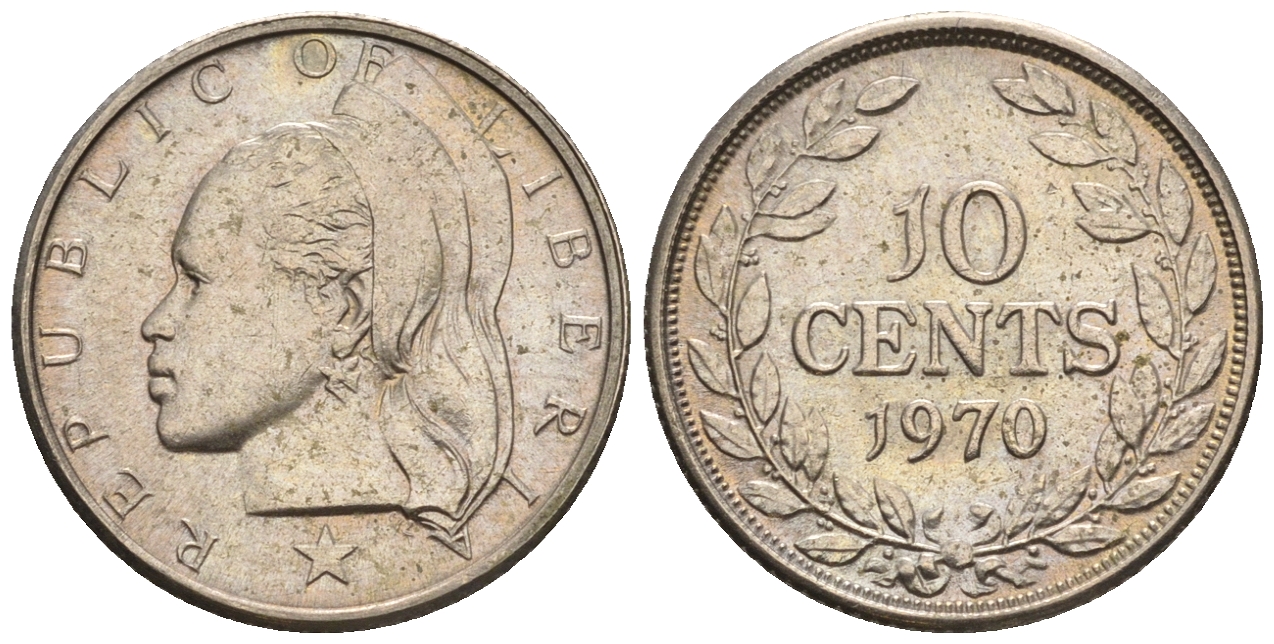 Либерия 10 центов 1970  KM 15a.2 медно-никель  UNC  220-1134