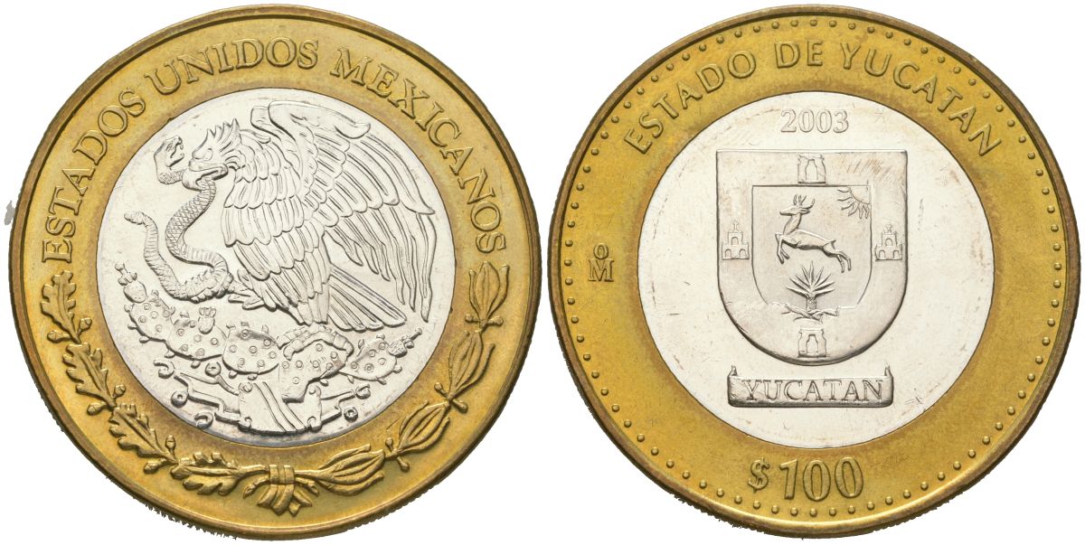 Мексика 100 песо 2003 180 лет Федерации - Юкатан KM 689 биметалл, серебро BU 00-1067-10-52