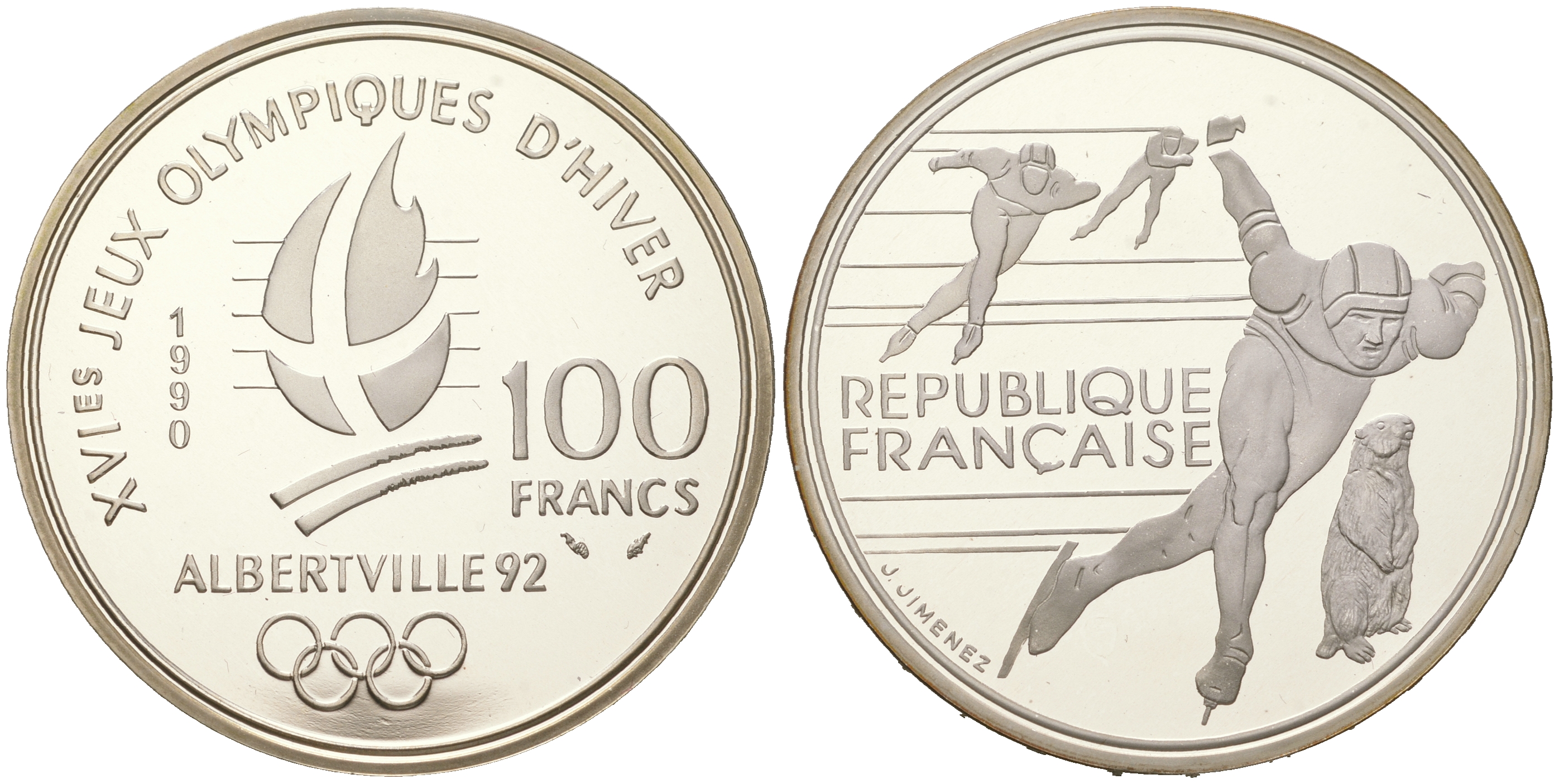 Франция 100 франков 1990 XVI Зимние Олимпийские игры 1992 в Альбервиле, конькобежный спорт KM 980 серебро  PROOF  11-082-43