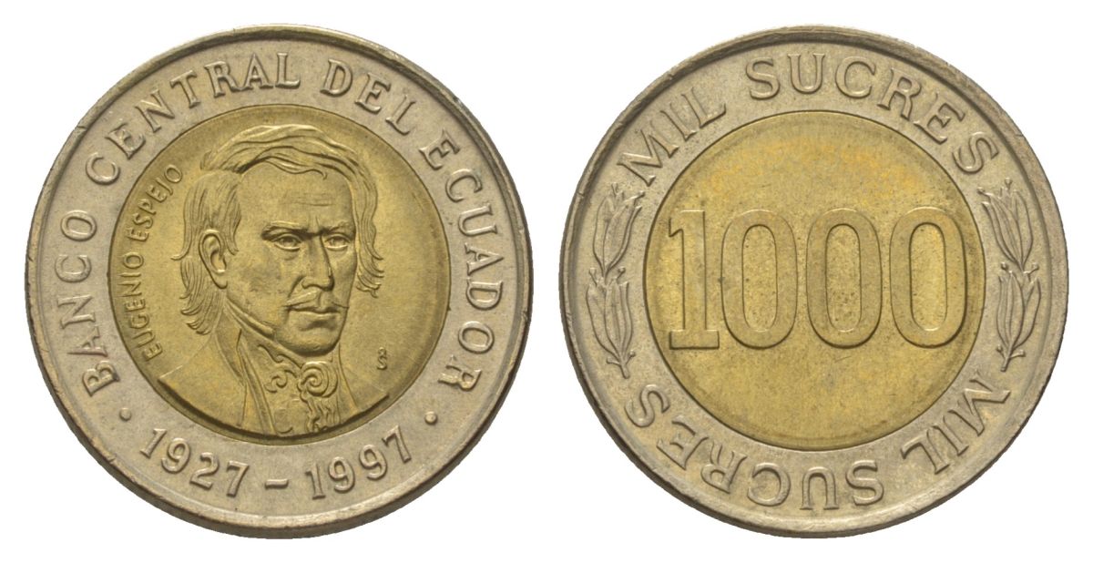 Эквадор 1000 сукре 1997 70 лет Центробанку KM 103 биметалл UNC 4626-425