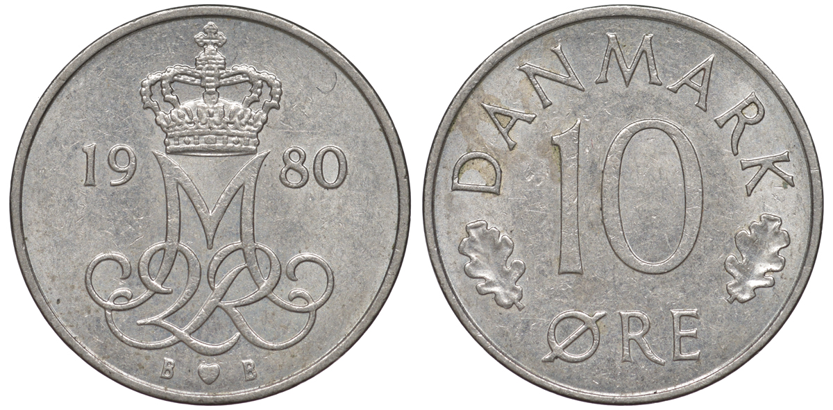 Дания 10 эре 1980 Маргрете II (1972-2024) KM 860.2 медно-никель 45-1141