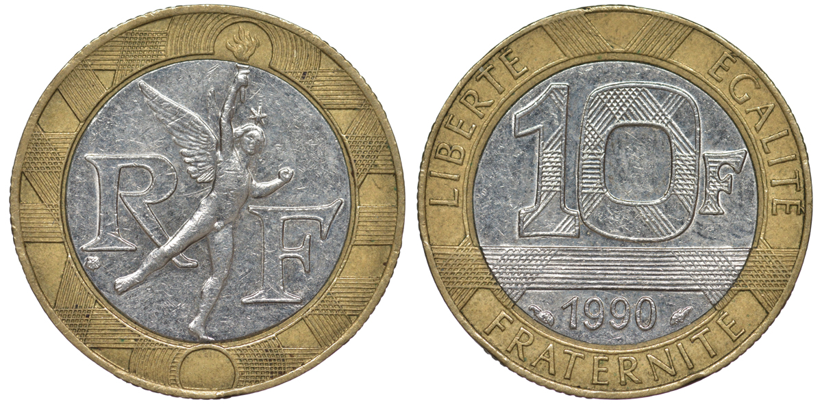 Франция 10 франков 1990 тип Гений Бастилии KM 964.1, Le Frank 375.5 биметалл 45-815