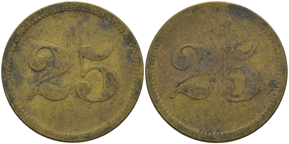ФРАНЦИЯ 25 САНТИМОВ ND ПЛАТЕЖНЫЙ ЖЕТОН НАЧАЛА XX ВЕКА, ДВУСТОРОННИЙ, ДИАМЕТР 24 ММ. латунь 98-923