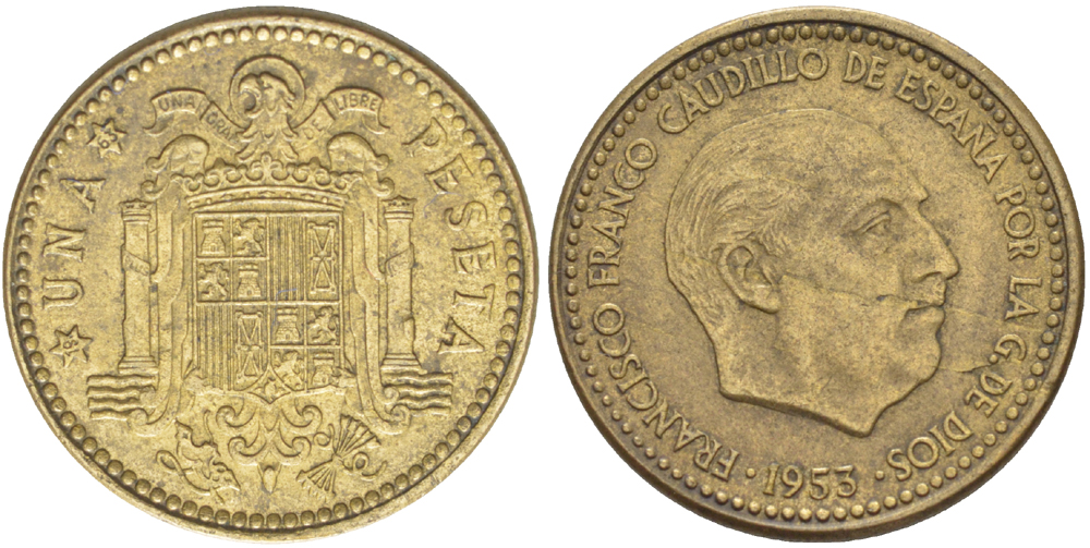 ИСПАНИЯ 1 ПЕСЕТА 1953 (63) ФРАНСИСКО ФРАНКО ДИКТАТОР ИСПАНИИ ( 1939- 1975) KM 775 алюминиевая бронза 216-546