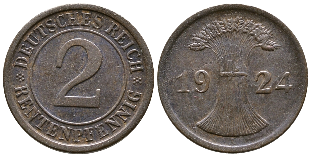 ГЕРМАНИЯ 2 РЕНТЕНПФЕННИГА 1924 A KM 31, J.307 бронза 86-954