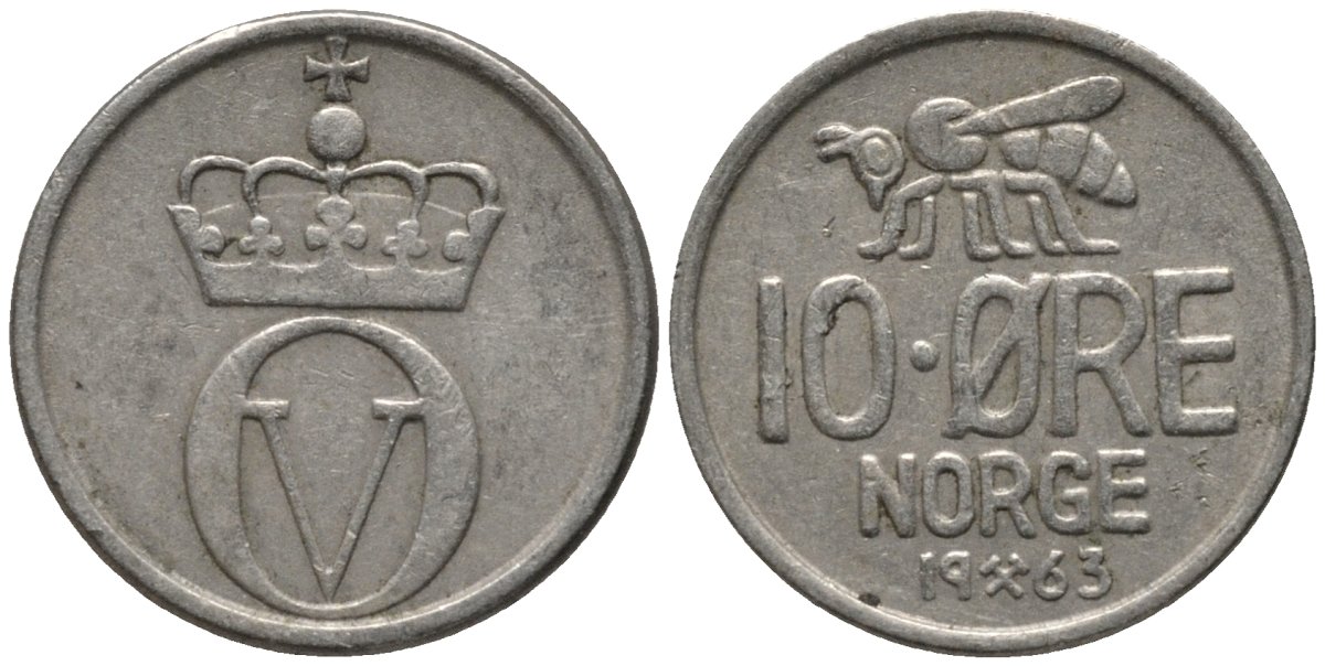 Норвегия 10 эре 1963 пчела, Улаф V KM 411 медно-никель 206-665
