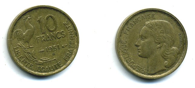 Франция 10 франков 1951 B, петух KM 915.2, Le Franc 363.5 алюминиевая бронза 46-425
