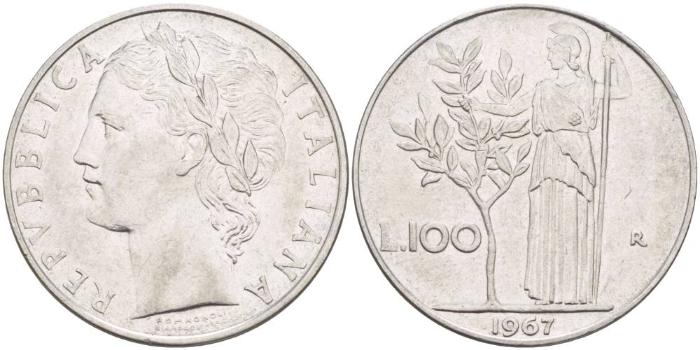 ИТАЛИЯ 100 ЛИР 1967 R, АФИНА У ОЛИВКОВОГО ДЕРЕВА KM 96.1 нержавеющая сталь 4545-636