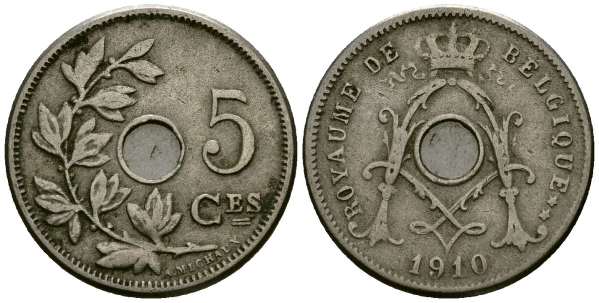 Бельгия 5 сантимов 1910 Belgique, Альберт I (1909-1934) KM 66 медно-никель 4173-432
