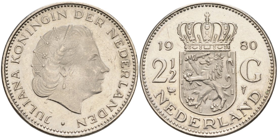 Нидерланды 2 1/2 гульдена 1980 Юлиана (1948-1980) KM 191 никель 4565-722